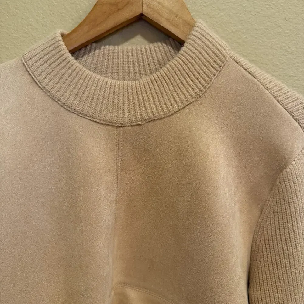 Ann Taylor Mixed Media Tan Faux Suede Sweater Medium Ribbed Crew Neck Cozy